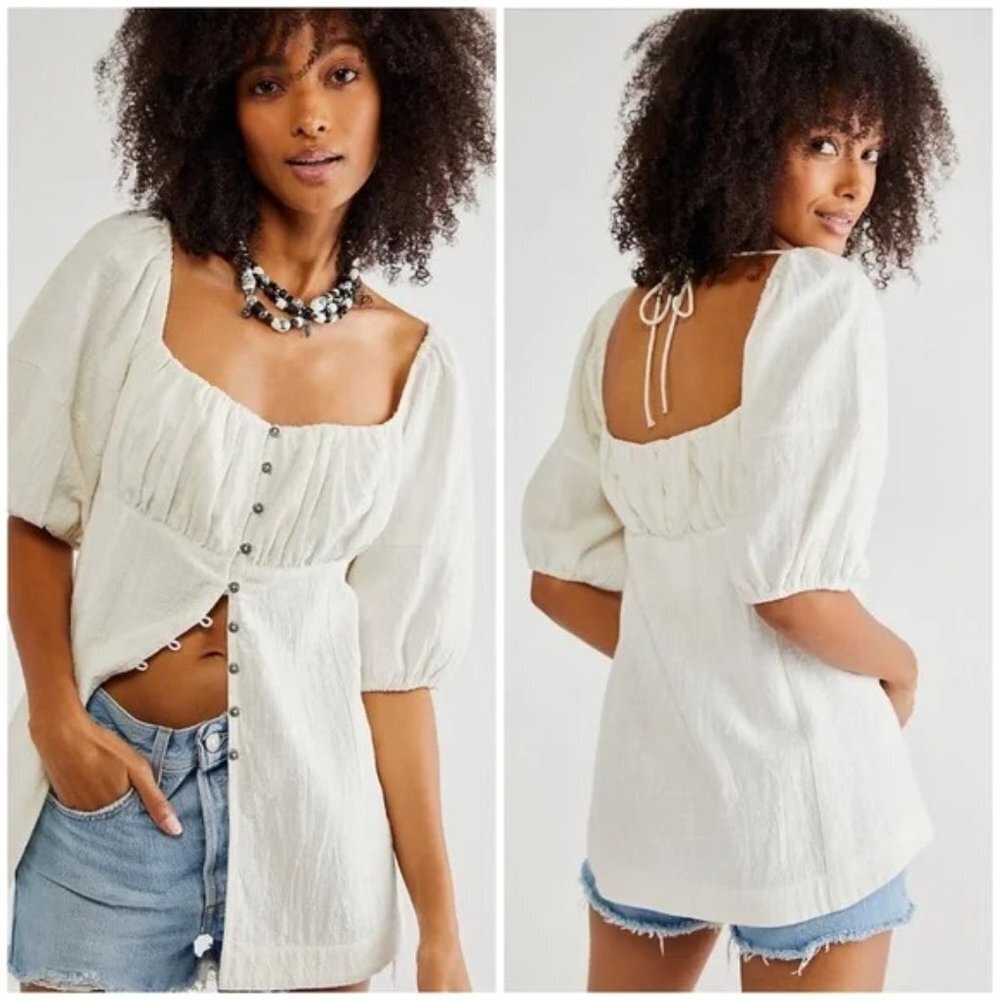 🌞 FREE PEOPLE Ivory White Button-Up Gathered Bust Bustier Puff-Shoulder Top